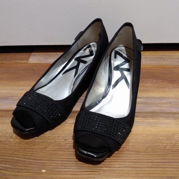 Black Rhinestoned Peep-Toe Wedges - Picture 1 of 5